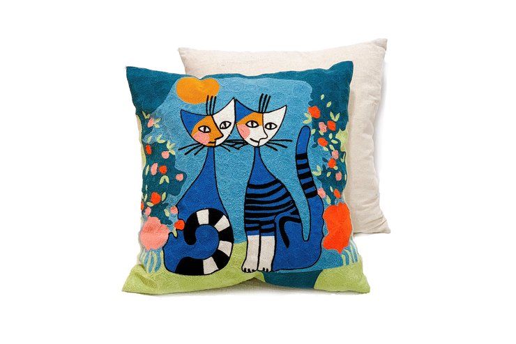 Square Linen Pillowcase 45X45 cm With Hand-Sewn Cat Couples Pattern