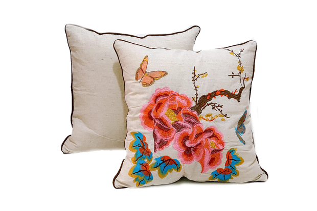 Square Linen Pillowcase 45X45 cm With Embroidered Rose, Butterfly And Tree Patterns