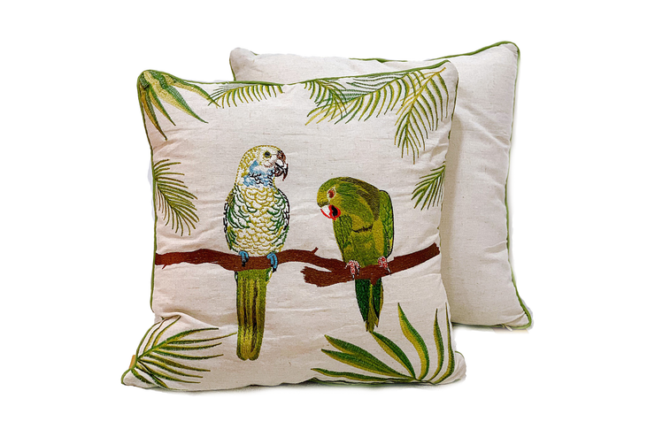 Square Linen Pillowcase 45X45 cm With Two Embroidered Parrots Pattern