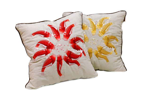 Square Linen Pillowcase 45X45 cm With 12 Embroidered Fish Patterns
