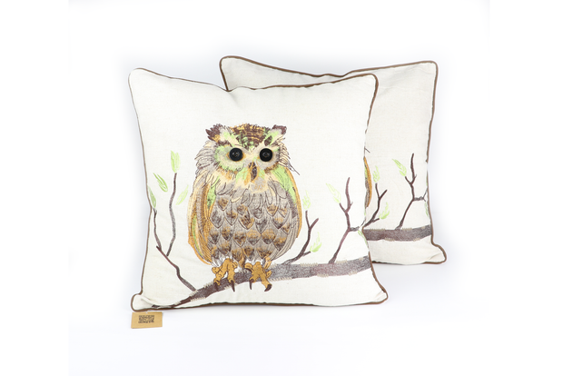 Square Linen Pillow Case 45X45 cm With An Embroidered Owl Pattern
