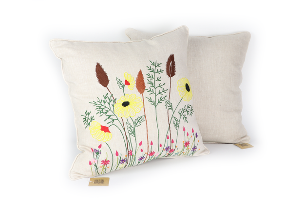 Square Linen Pillow Case 45X45 cm With Hand-Sewn Floral Patterns